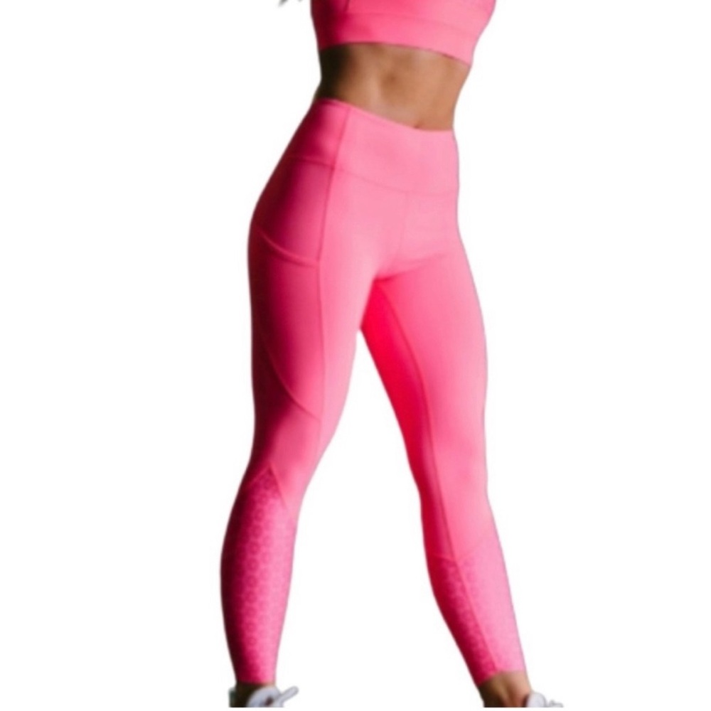 Zyia Women's Neon Coral Flower Power Luxe Hi-Rise 7/8 24" Leggings Size 4